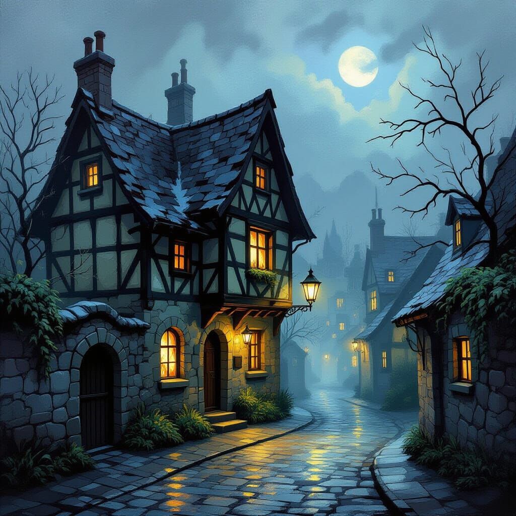 Mysterious Inn by Alleyway, Oil Painting Style