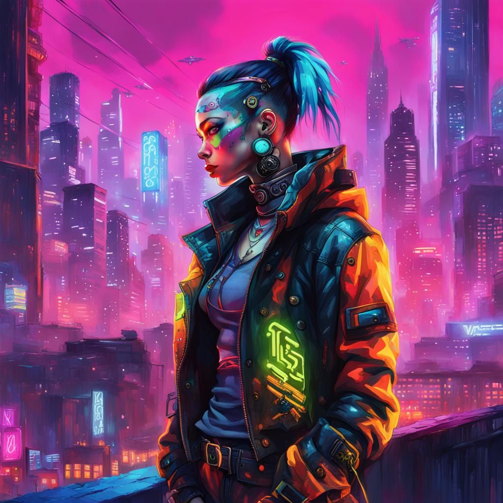 Cyberpunk Heroine in Dystopian Cityscape