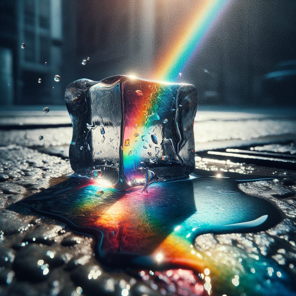 Ice Cube Prism Creates Rainbow on Sidewalk