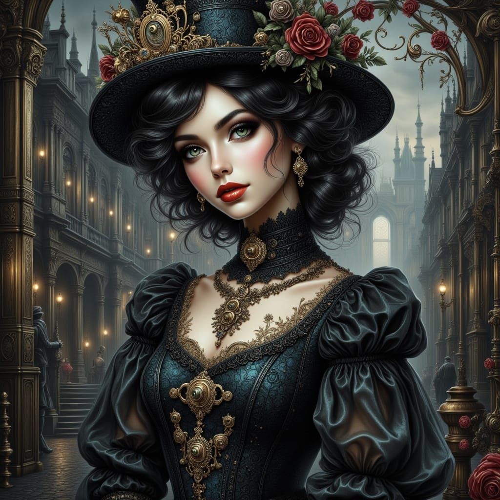 Steampunk Woman in Mixed Media Patchwork Style