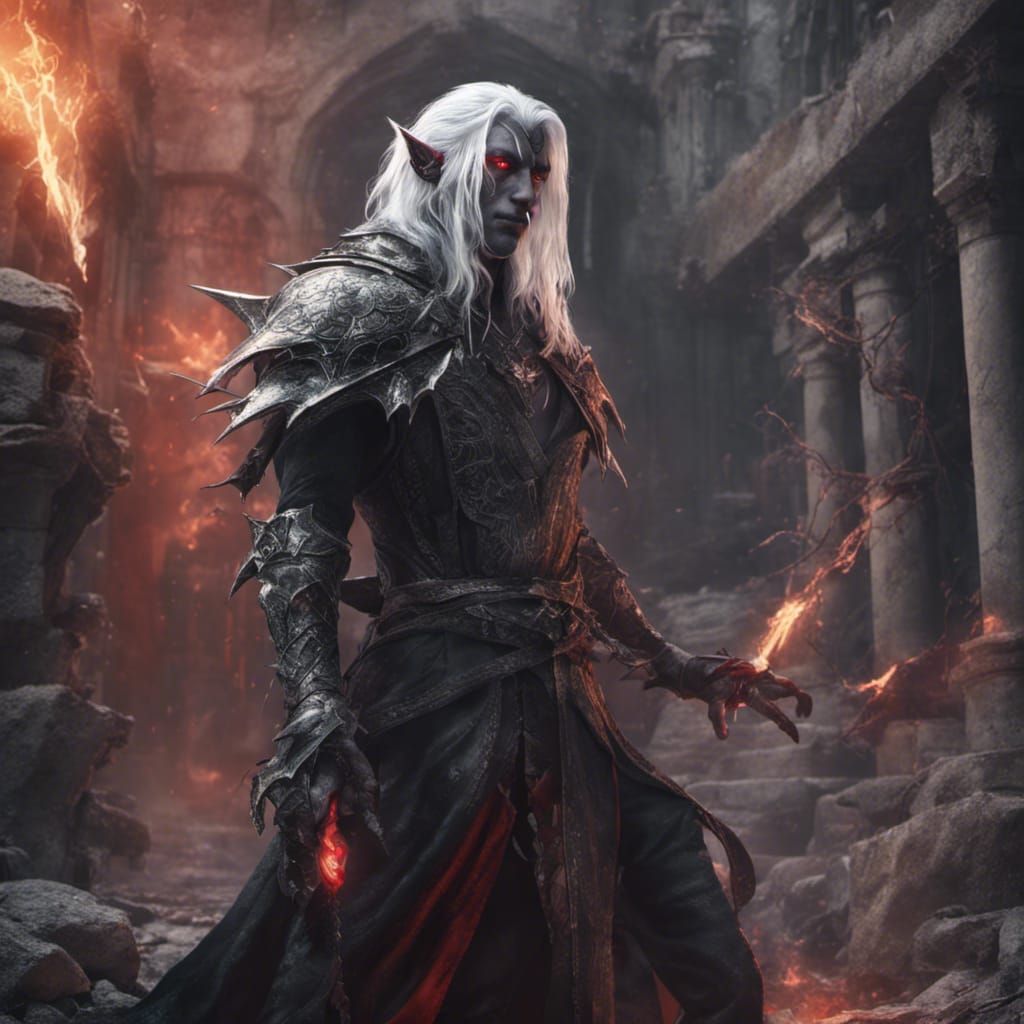 Drow Elf Casting Spell in Ancient Ruins