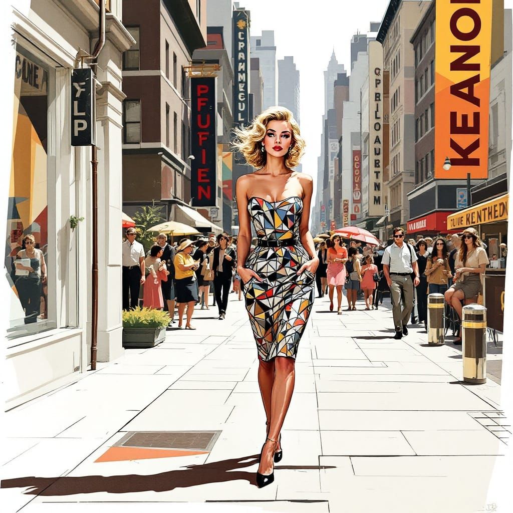 Geometric Mosaic of 1950s Pin-Up in Cityscape