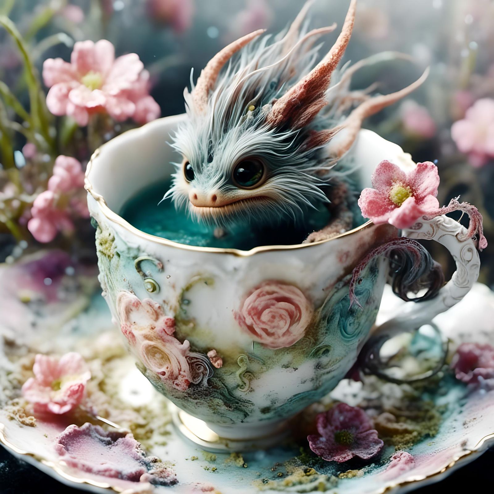 Baby Dragon in Teacup: Watercolor and Ink Art