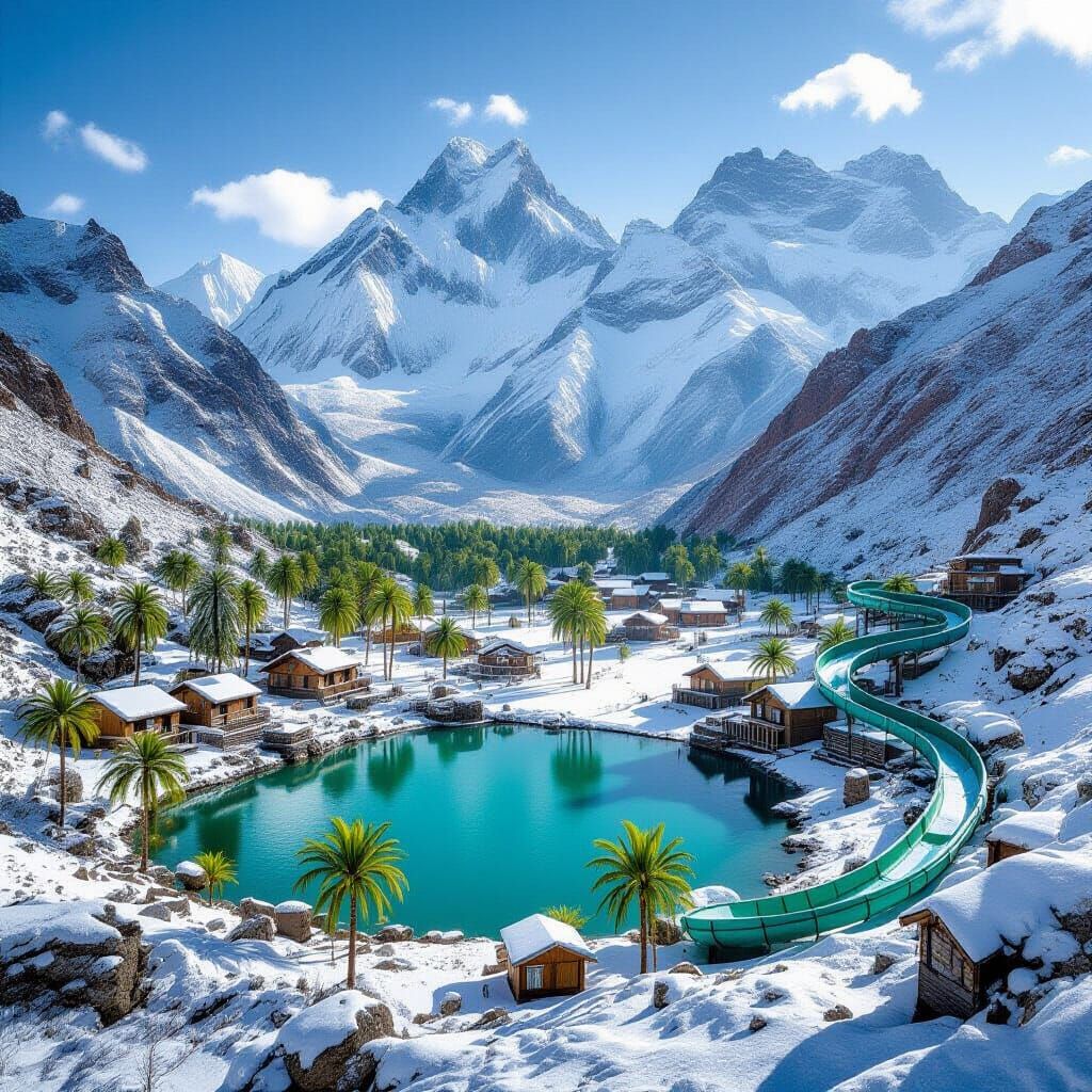 Himalayan Oasis With Palm Trees and Waterslide