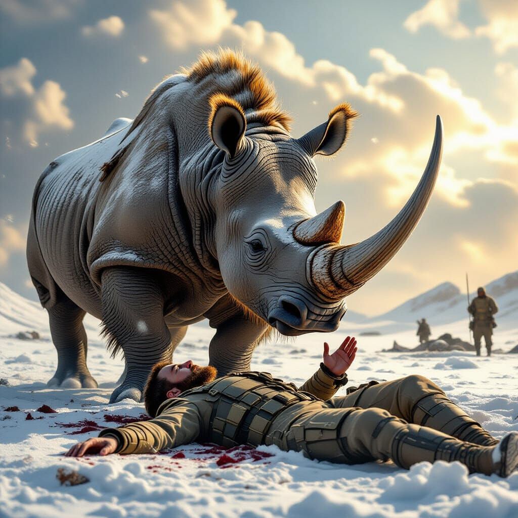 Soldier and Woolly Rhino: A Spiritual Battlefield Scene