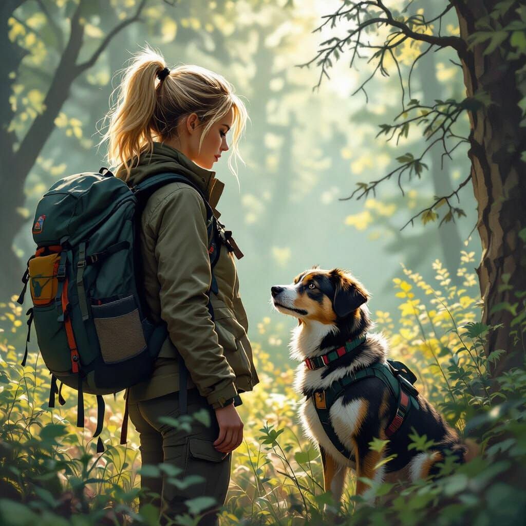 Woman and Search Dog in Forest, Digital Painting
