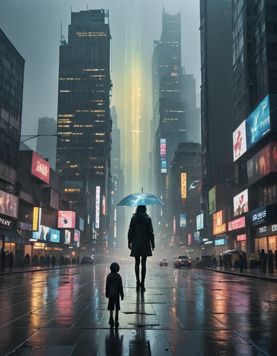 Dystopian Figure in Rain-Soaked Cyberpunk Metropolis