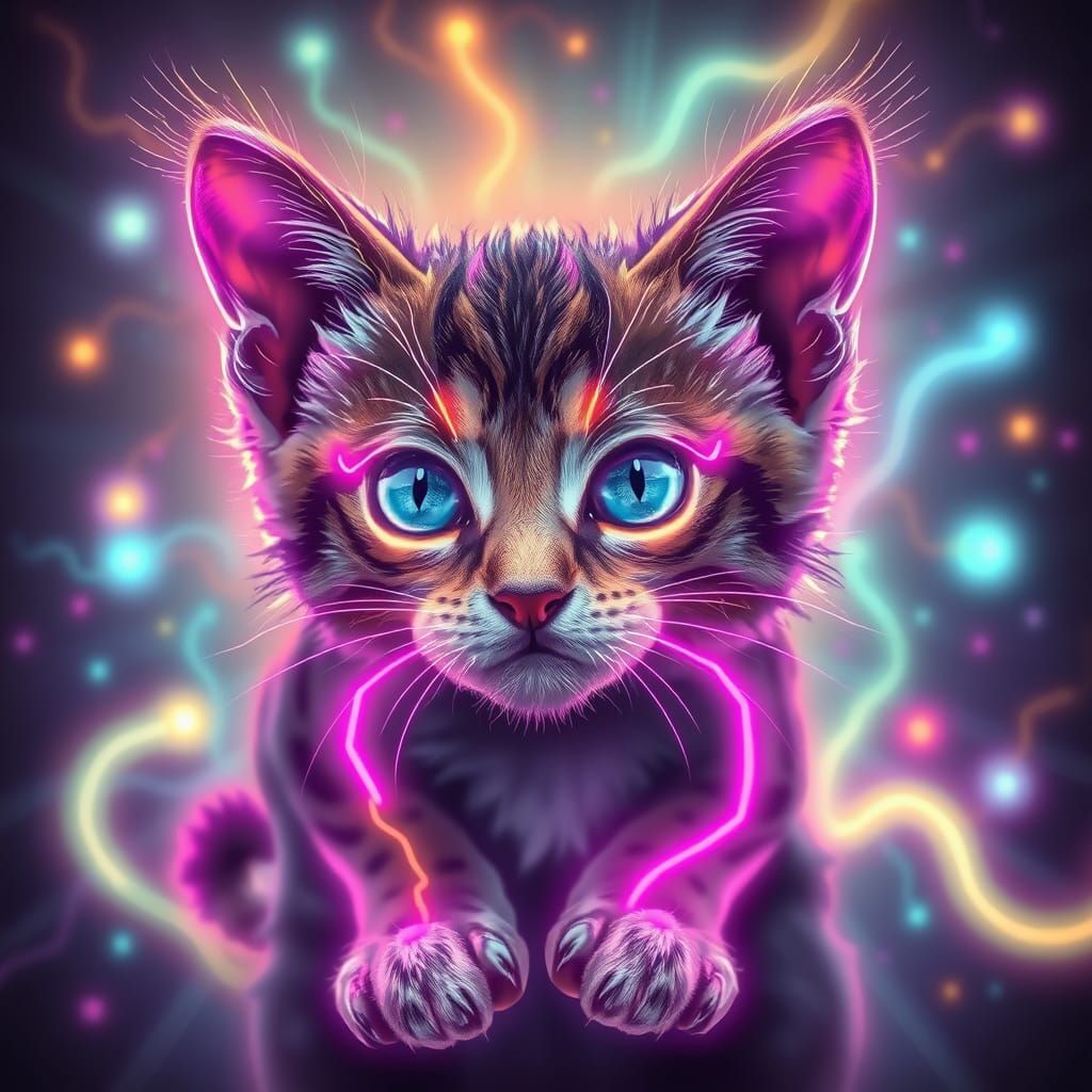 Astral Kitten Ascending Through Neon Circuitry
