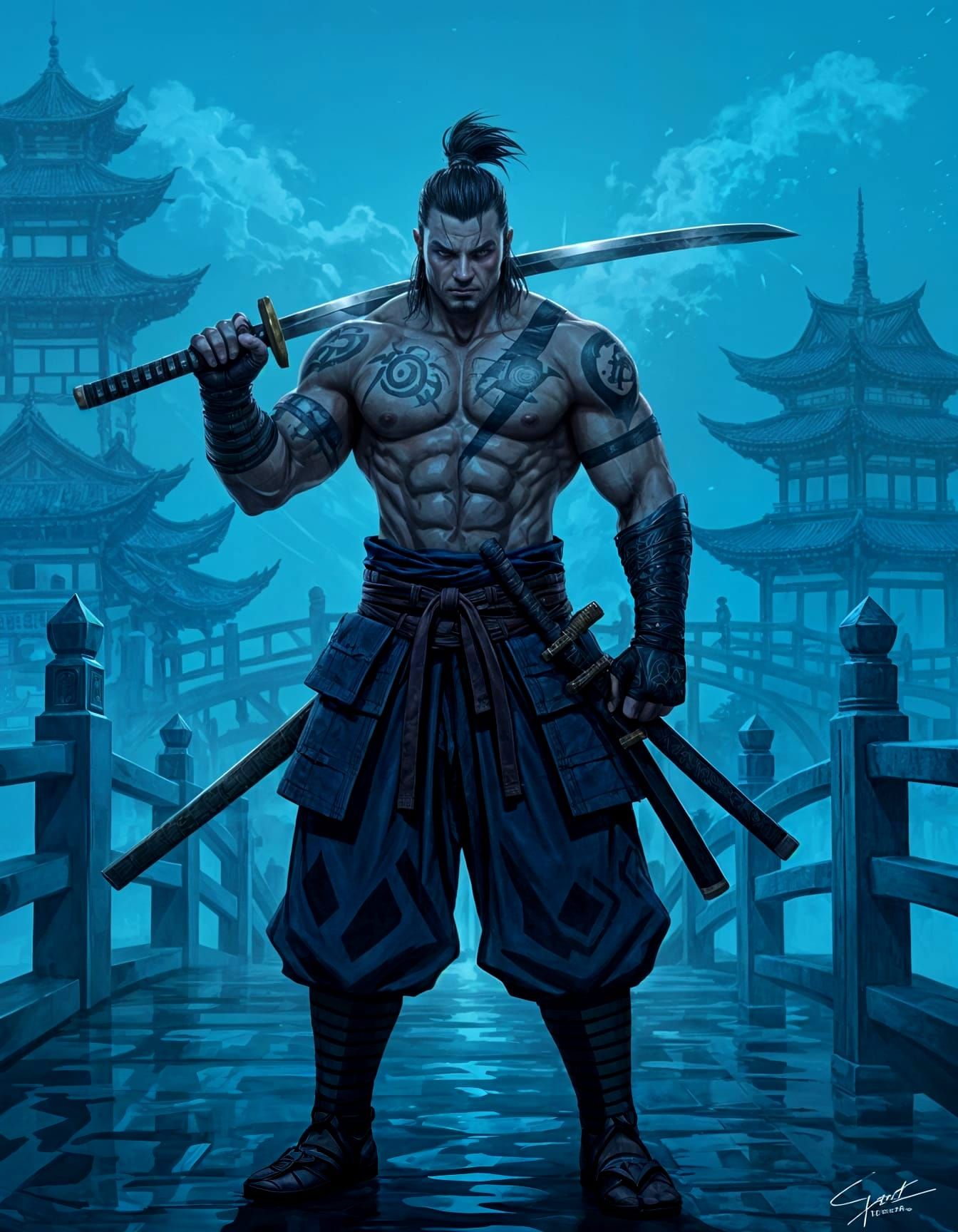 Tattooed Ronin on Misty Bridge at Night