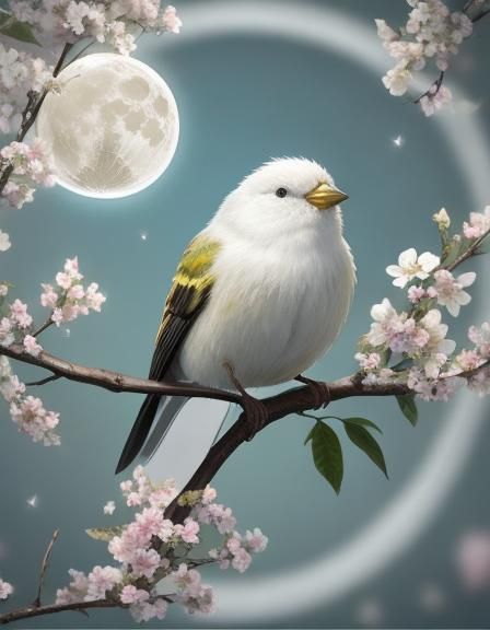 Enchanting Canary on Branch Under Moonlit River