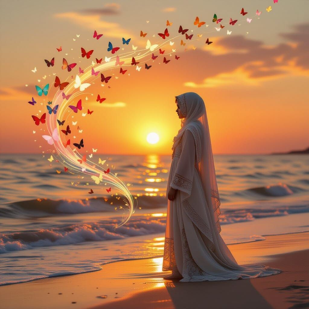 Veiled Girl Silhouette with Flowing Butterflies at Sunset