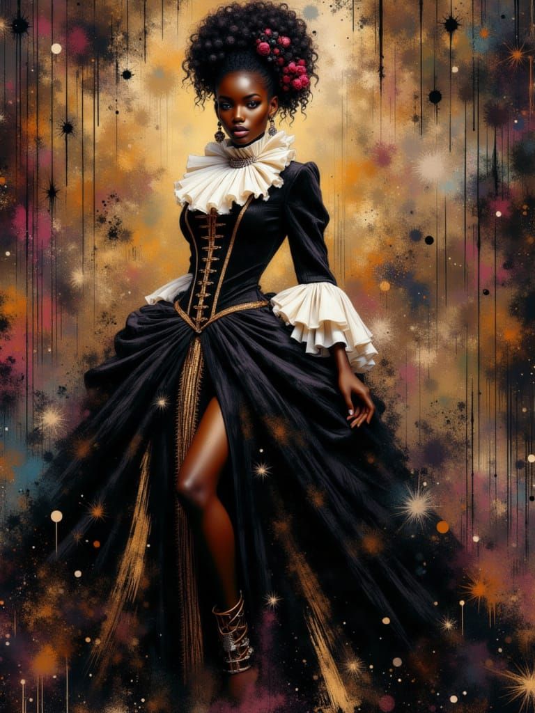 Elegant Woman in Velvet Gown, Baroque Splash-Art Style