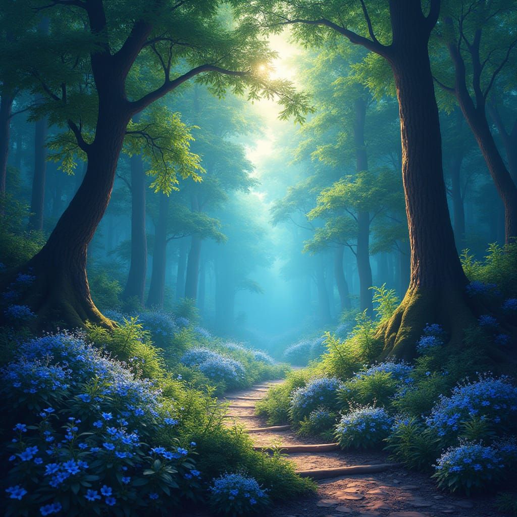 Dreamlike Forest Realm in Vibrant Colors, with Stars and Gal...