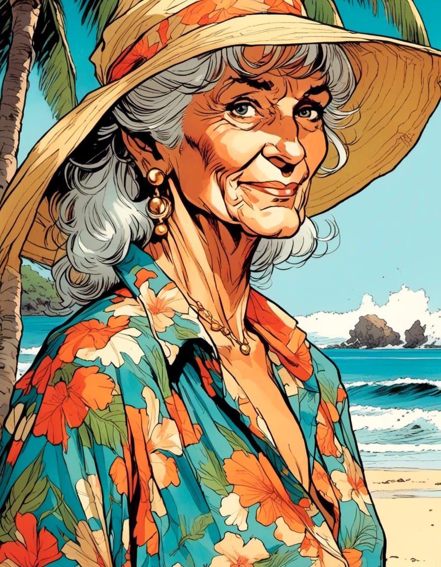 Grandma Sorceress on Tropical Beach in Comic Book Style