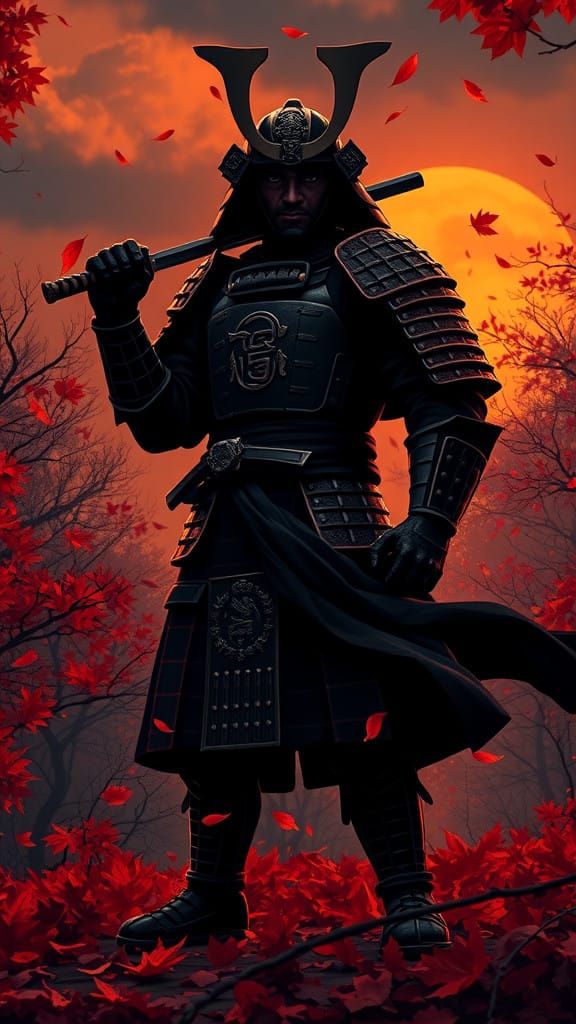 Heroic Samurai Silhouetted Against Autumn Leaves in Eerie Tw...