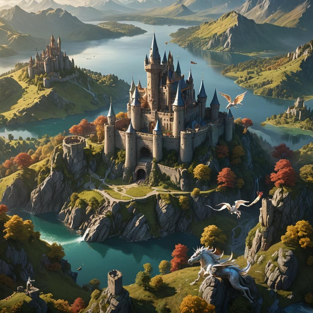 Fantastical Castle Scene with Mythical Creatures