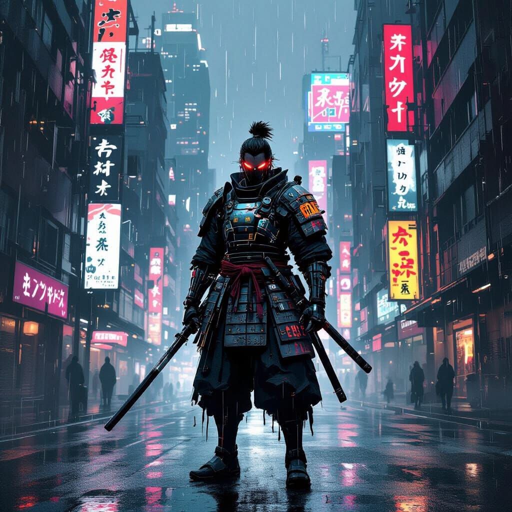 Ronin in Cyberpunk Metropolis, Dark Fantasy Illustration