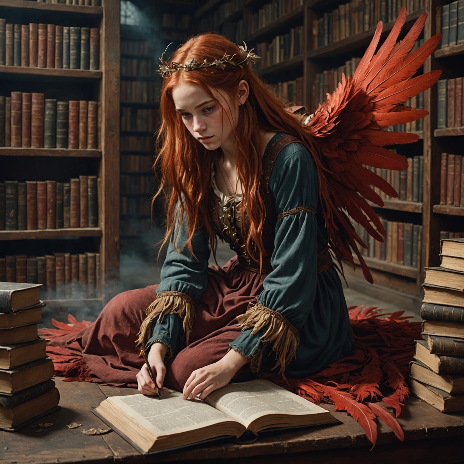 Red-Skinned Harpy Girl Reading in Library