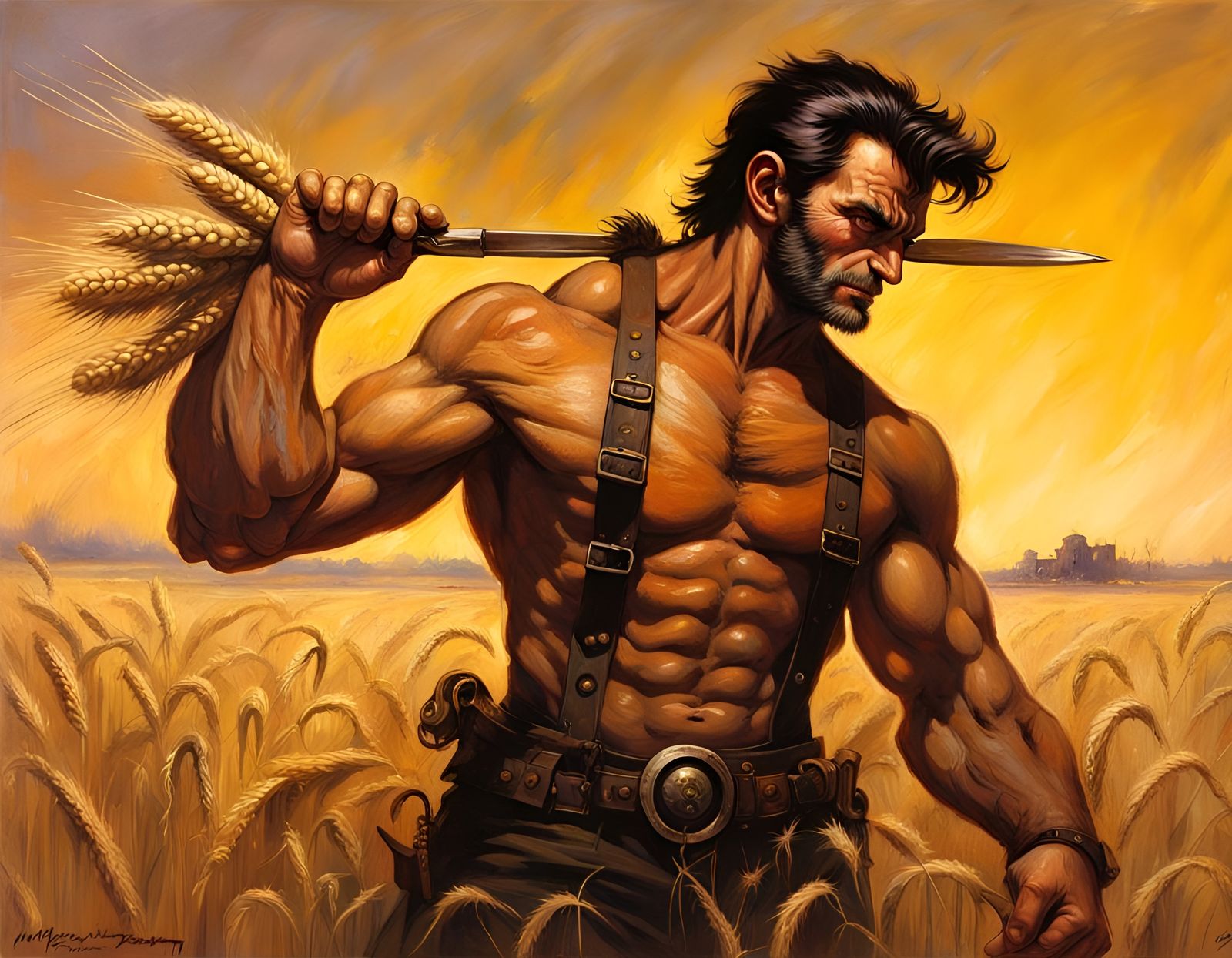 Steampunk Wolverine Harvesting Wheat at Golden Hour