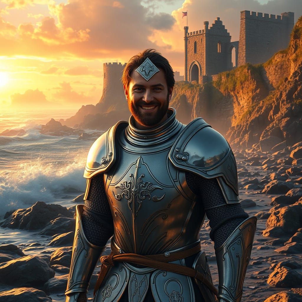 Sir Perceval Walks Tintagel Beach at Sunset