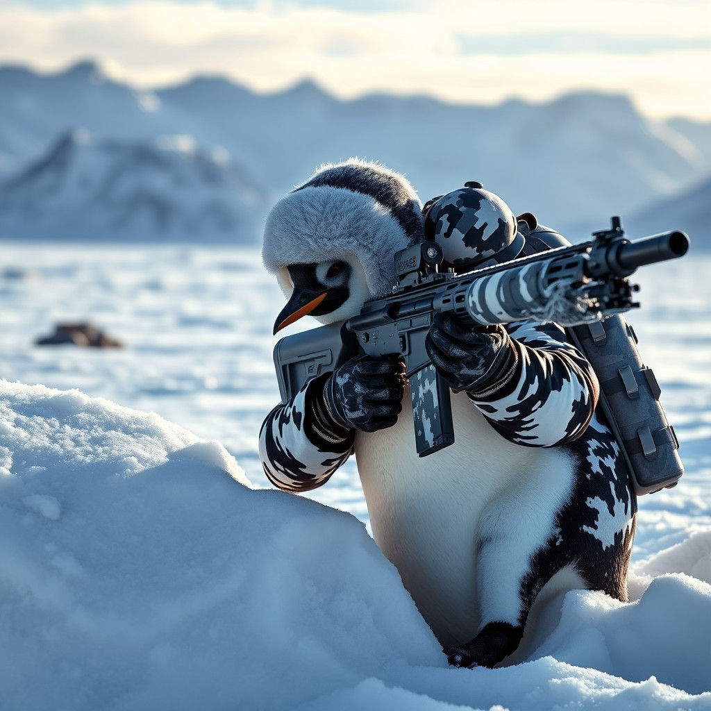 Penguin Sniper on Frozen Tundra Landscape