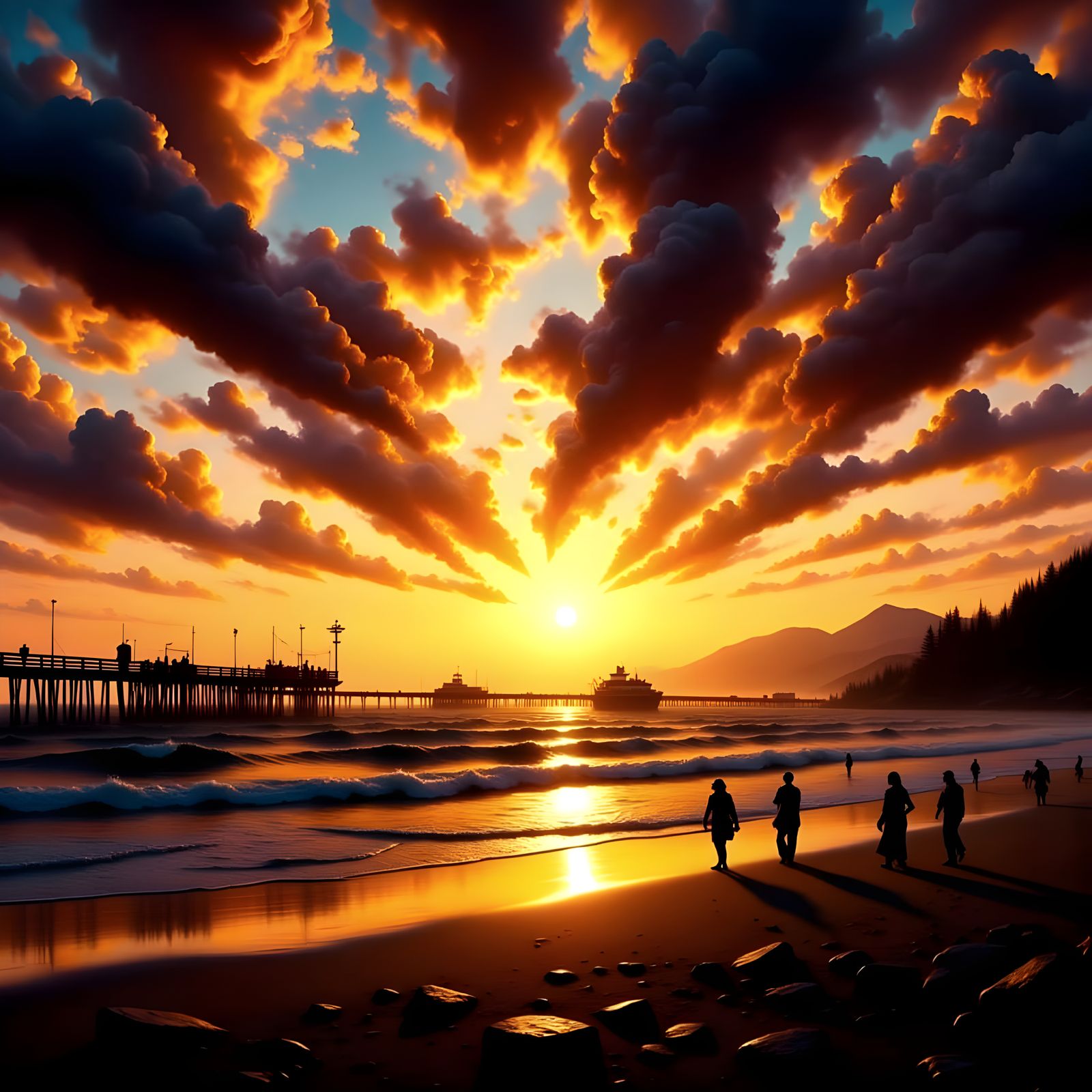 Golden Sunset Over Beach With Pier