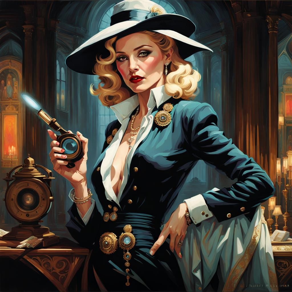 Steampunk Madonna as Noir Detective in Art Deco Style