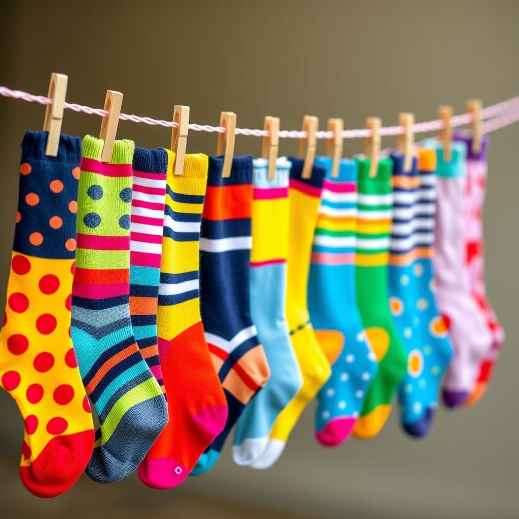 Whimsical Washing Line of Multi-Colored Socks