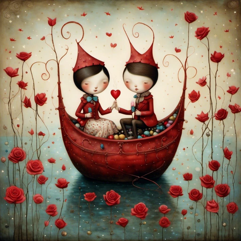 Sweethearts in Whimsical Boat: Magical Illustration