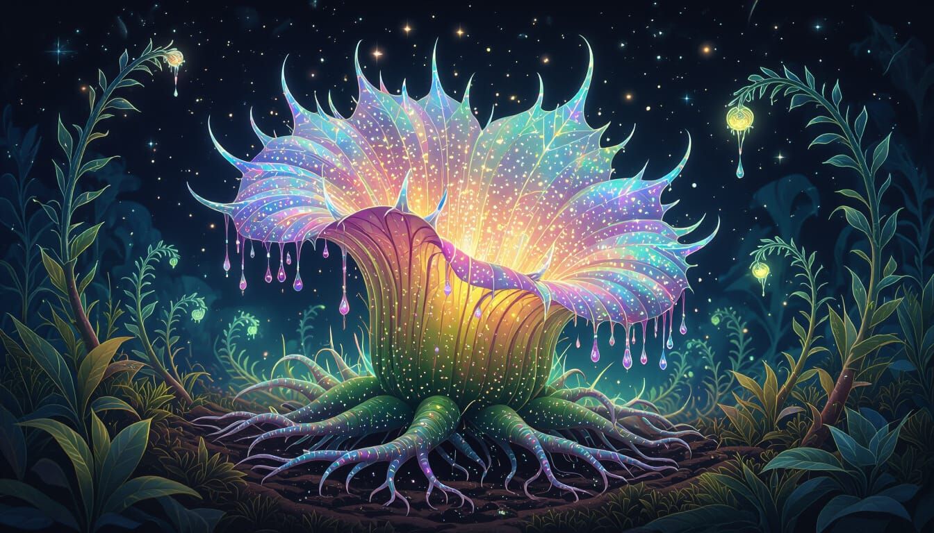 Magical Carnivorous Plant Illustration with Crystalline Thor...