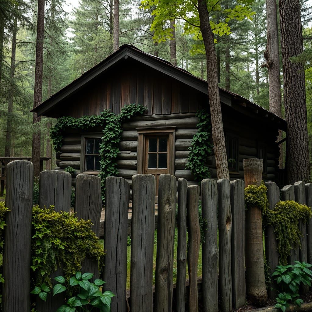 Rustic Cabin and Weathered Fence in Dense Forest