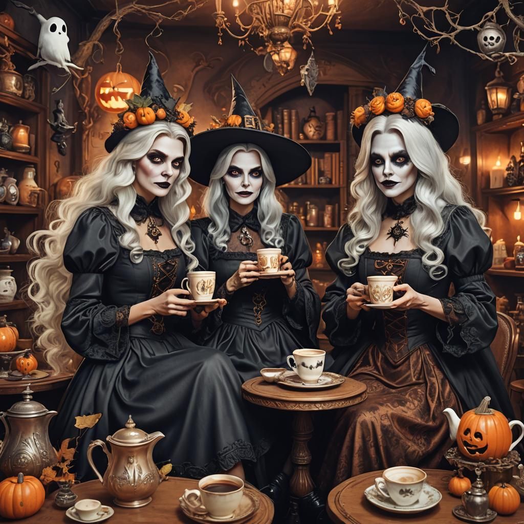 Elegant Witches and Ghost Coffee Halloween Scene