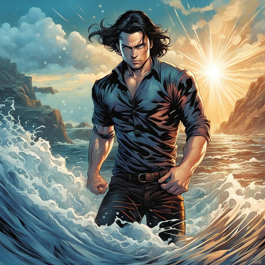 Hyperrealistic Muscular Man in Sapphire Ocean