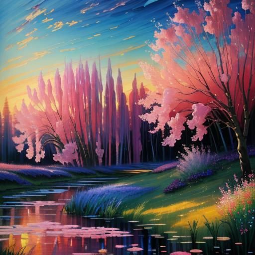 Oil painting. Autumn valley stream with meadow