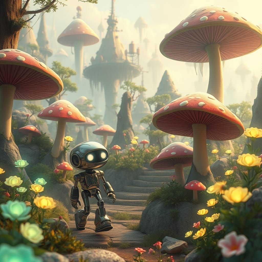 Whimsical Robot Explores Enchanted Forest with Giant Mushroo...