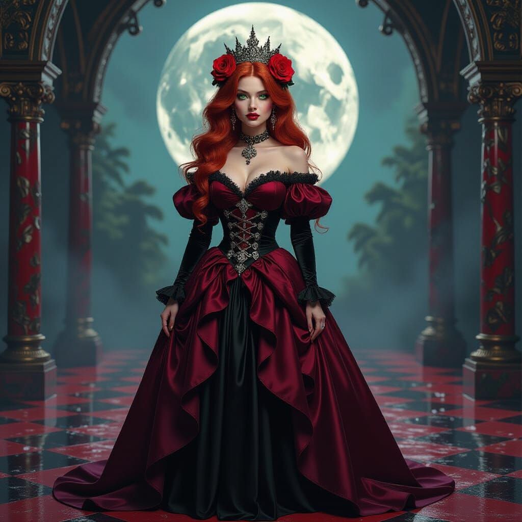 Gothic Steampunk Woman with Fiery Hair Under Moonlit Glow