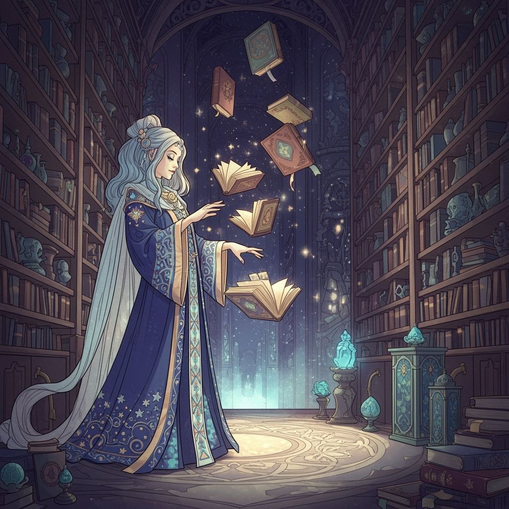Celestial Librarian in Starlit Library, Ornate Fantasy Art