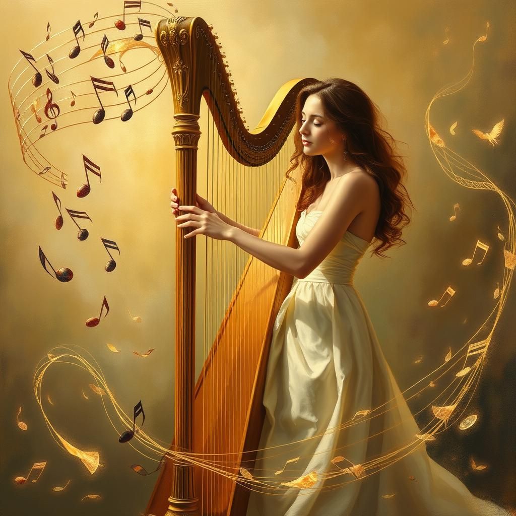 Harpist with Swirling Music Notes in Romantic Oil Painting