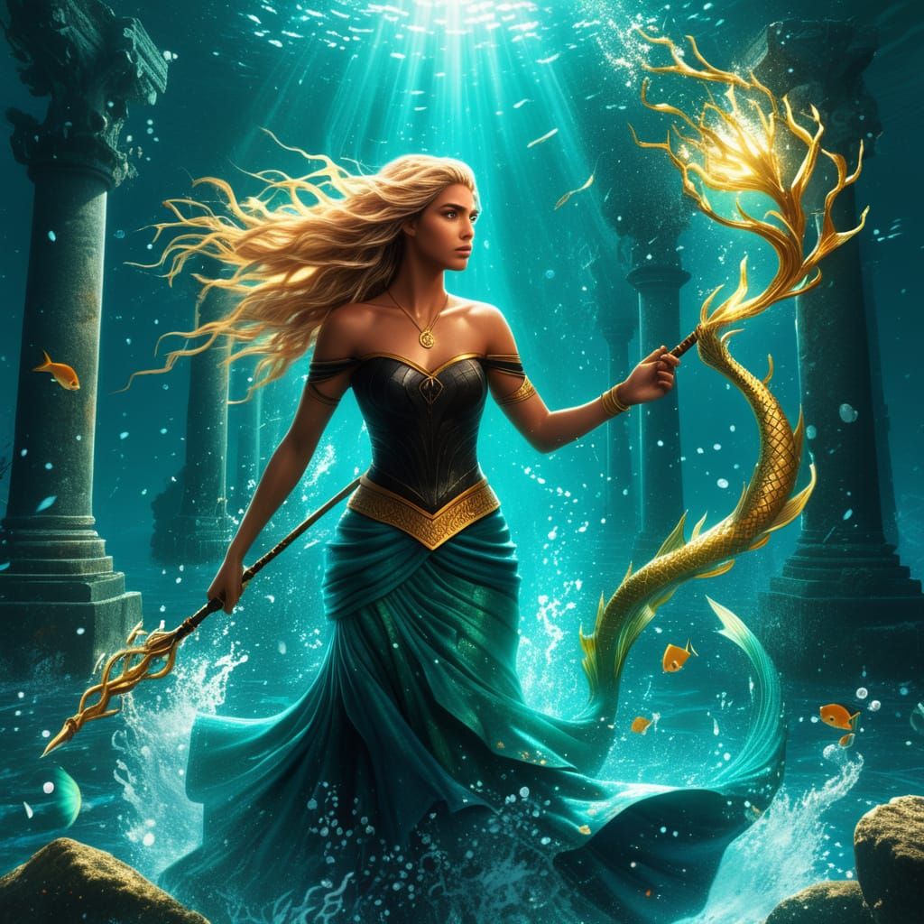 Fantasy Anime Mermaid Swims Underwater Ruins