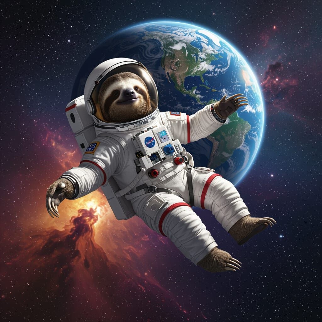 Heroic Sloth Astronaut Floats in Cosmic Nebula