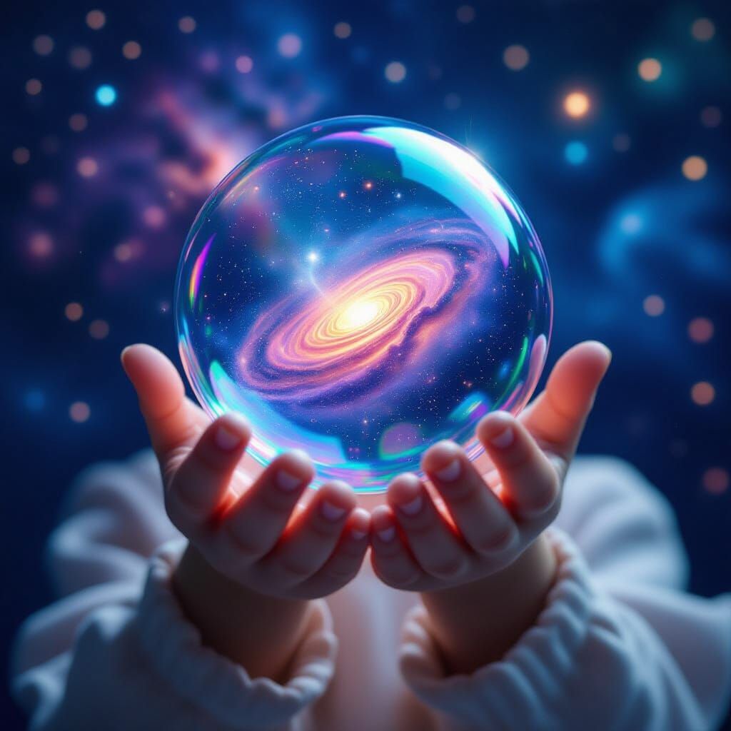 Child's Hands Hold Cosmic Bubble in Ethereal Glow