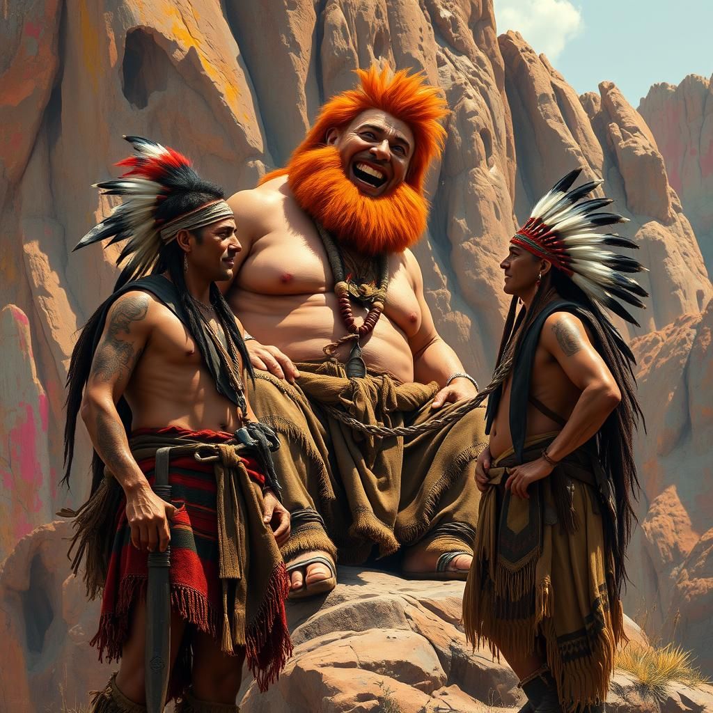 Hyperrealistic Giant with Native Americans, Oil Painting