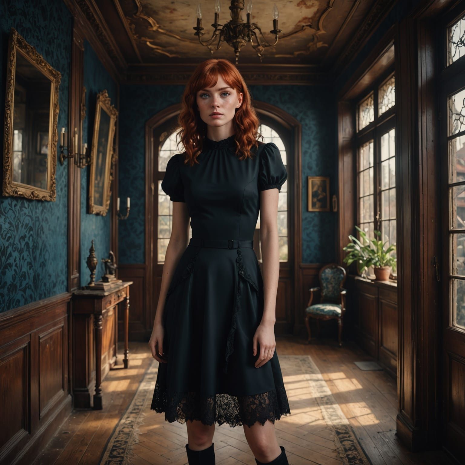 Red-Haired Woman in Black Dress Inside Old House