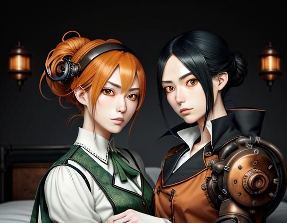 Kemono Twin Sisters Kissing in Steampunk Manga Style