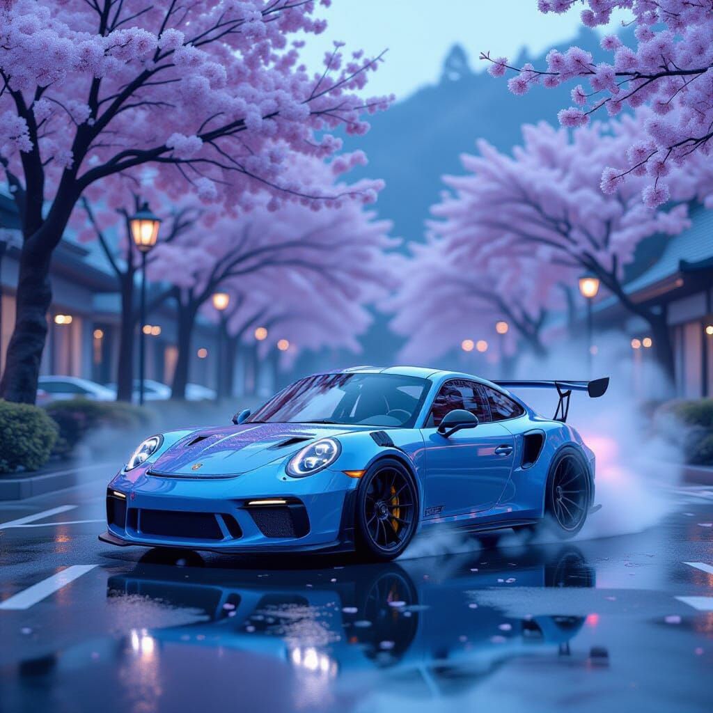 Porsche GT3 RS Drifting Amidst Blue Cherry Blossoms