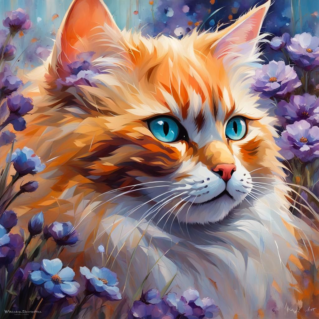 Orange Cat Portrait with Flowers as Oil Painting