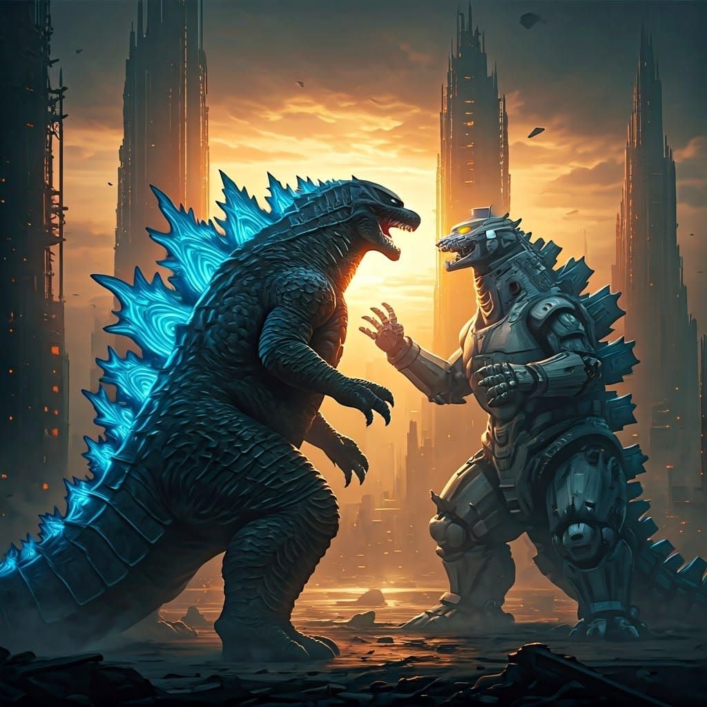 Godzilla vs Mechagodzilla in Cyberpunk Metropolis