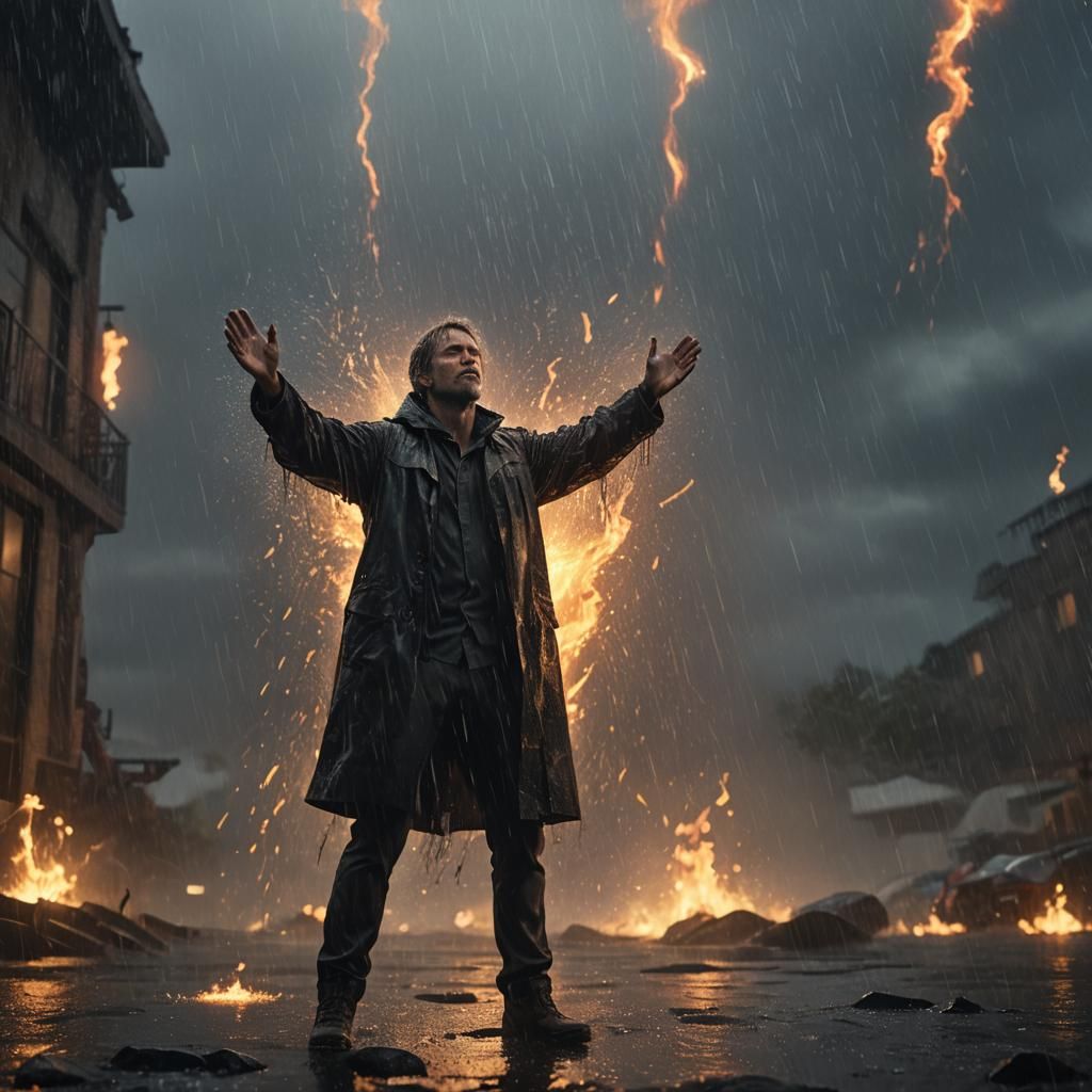 Figure in Storm with Flames: Cinematic Digital Art