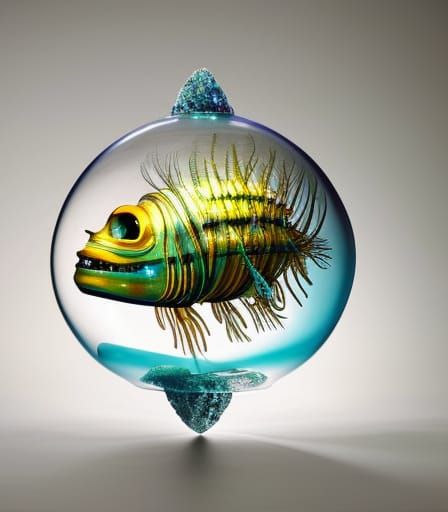 Alien Fish Encased in Aqua Crystal: Hyperrealistic Photo
