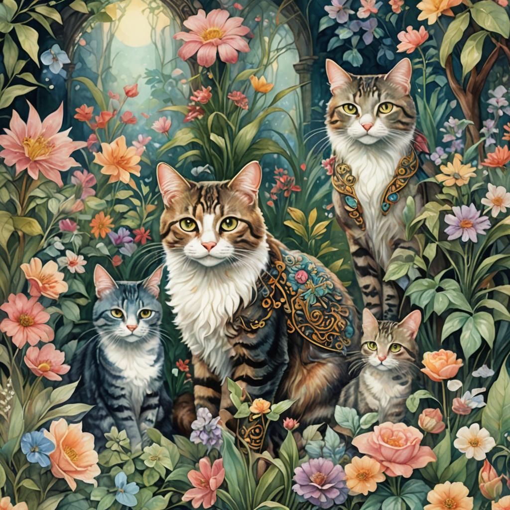 Victorian Cats in Mystical Garden: Watercolor Concept Art